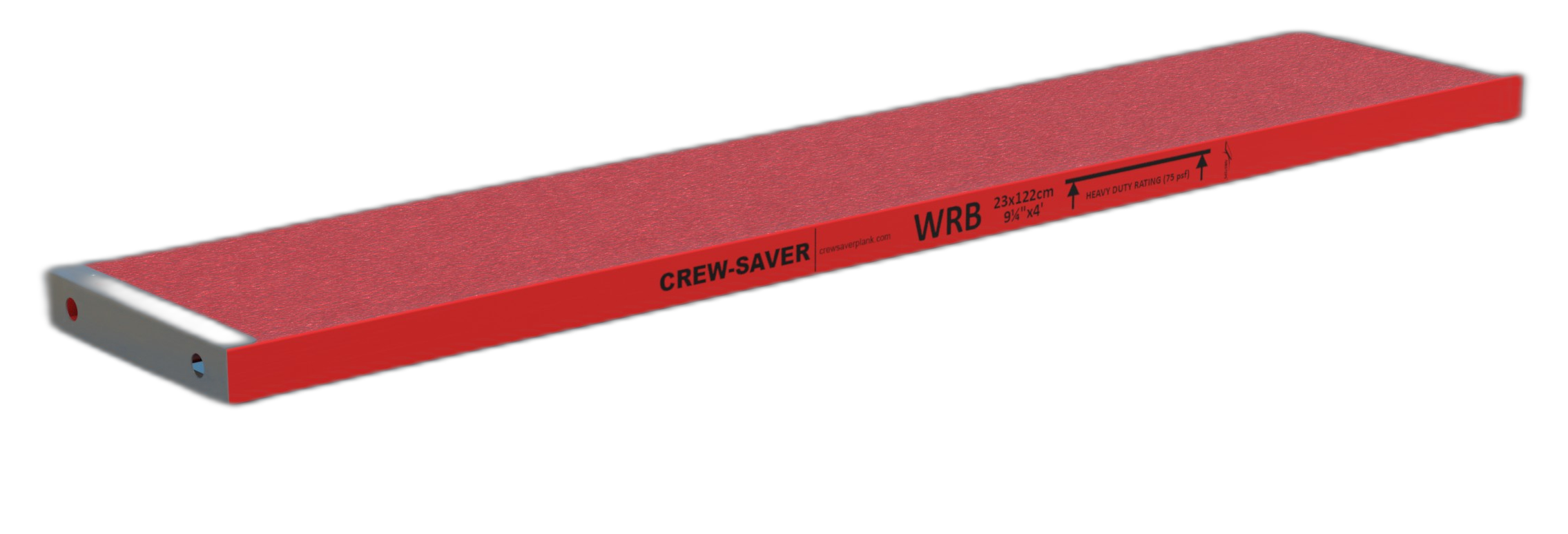 Crew-Saver WRB composite scaffold plank — red pultruded fiberglass deck with anti-slip top and metal end caps